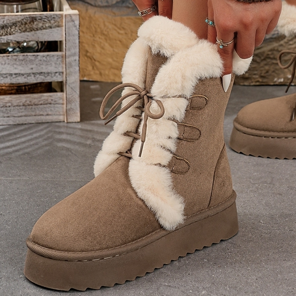 Faux Fur Platform Lace-up Winter Boots Plush Chunky Lug Vegan Suede Shoes